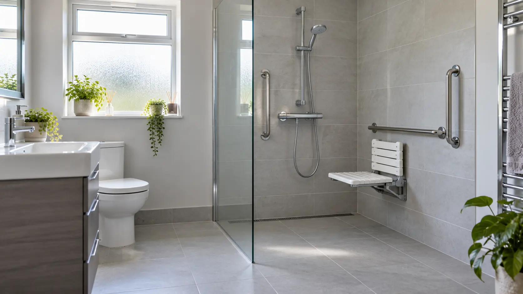 a level access shower with a glass screen, fold-down seat, grab rails and grey tiles.