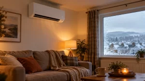 Wall-mounted air conditioning unit heating a living room in winter