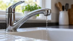 Weak trickle of water from a kitchen tap caused by low water pressure