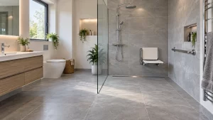 Step-free level access shower with glass screen and grab rail in an accessible bathroom
