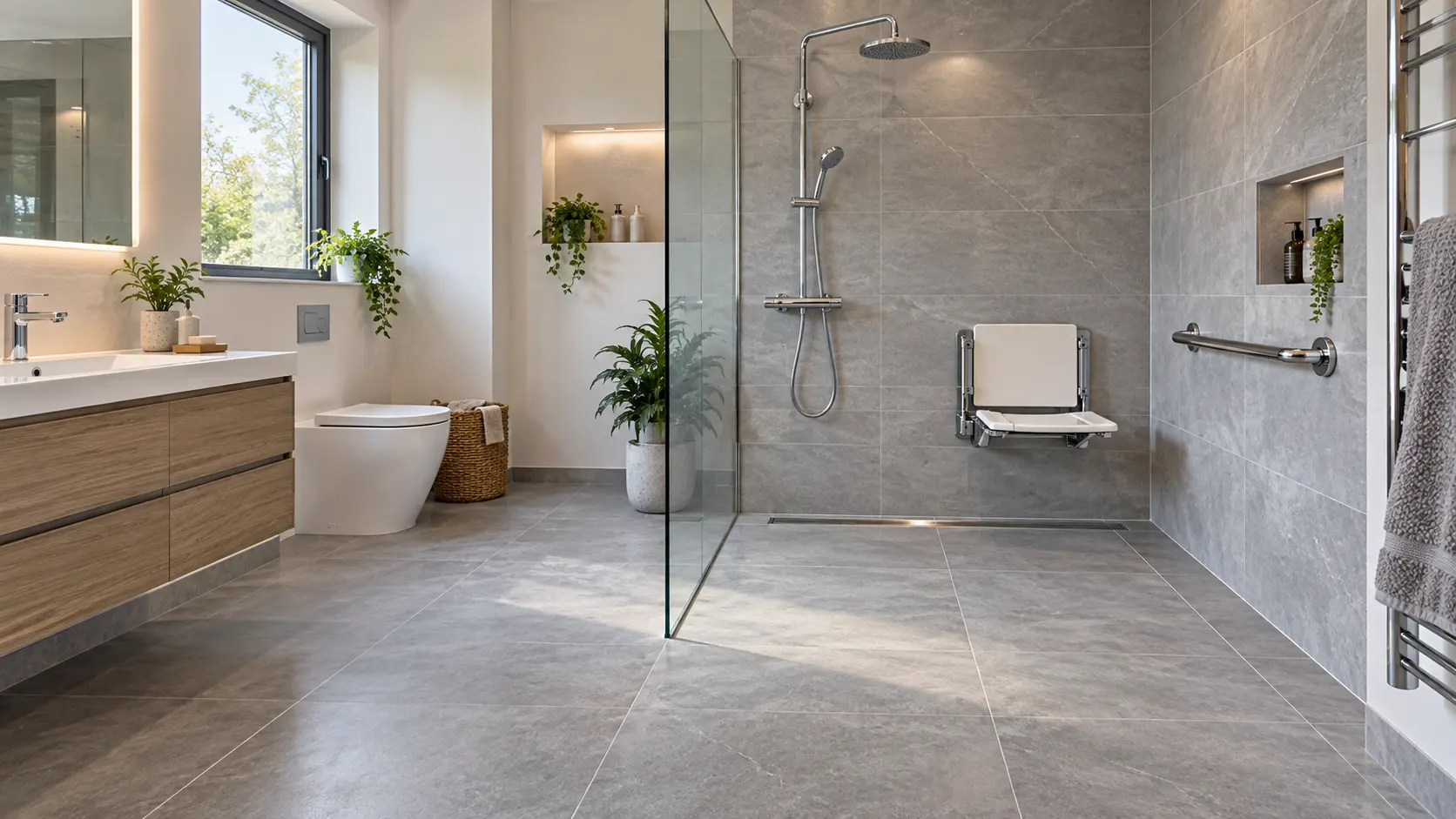 Step-free level access shower with glass screen and grab rail in an accessible bathroom