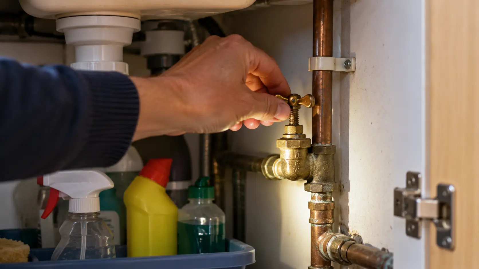 a close-up of a hand turning an old brass stop tap under a kitchen sink. The face isn't visible and the cleaning products are blurred in the background.