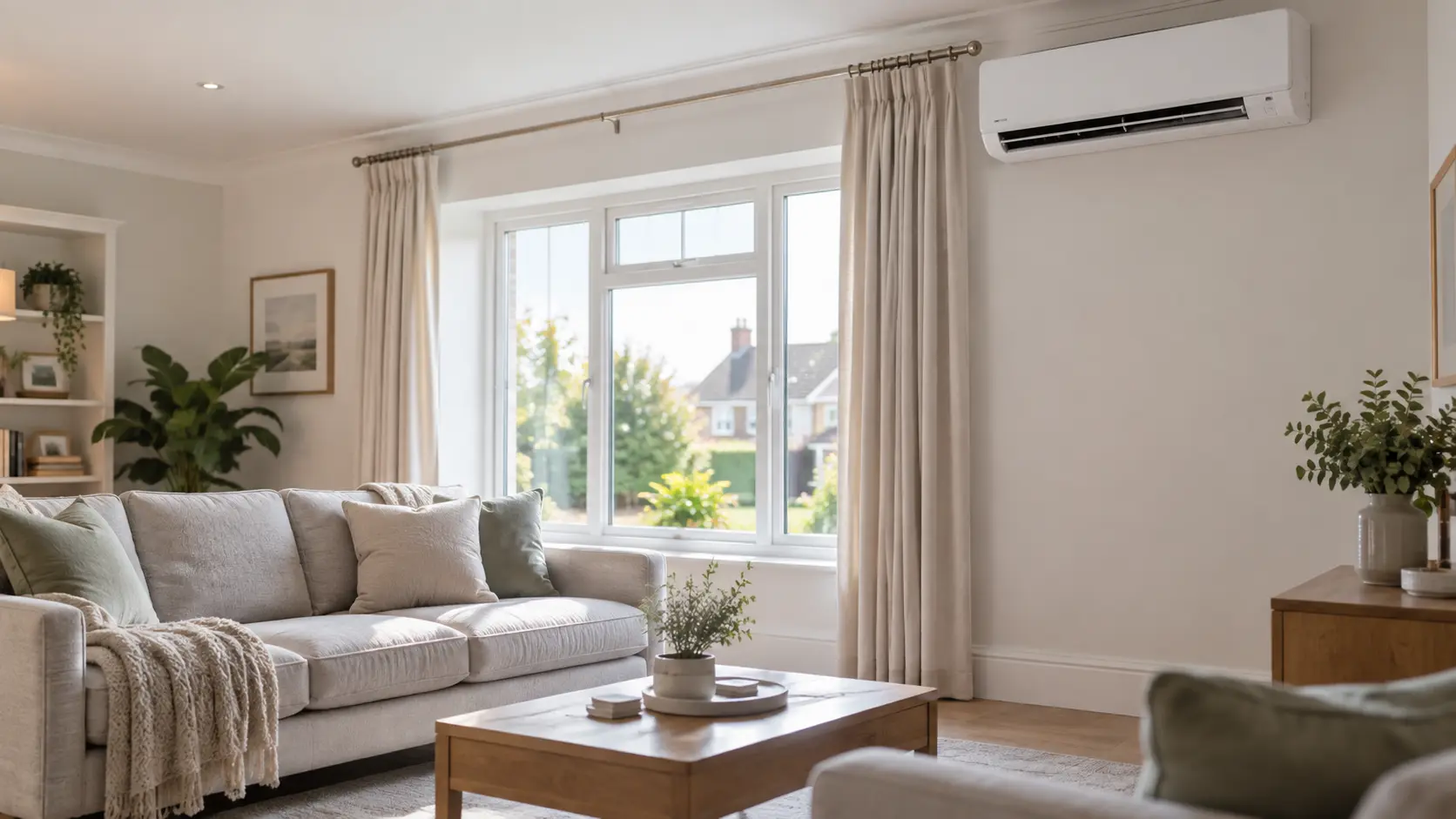 a bright living room with a white wall-mounted air con unit high on the outside wall above the window.