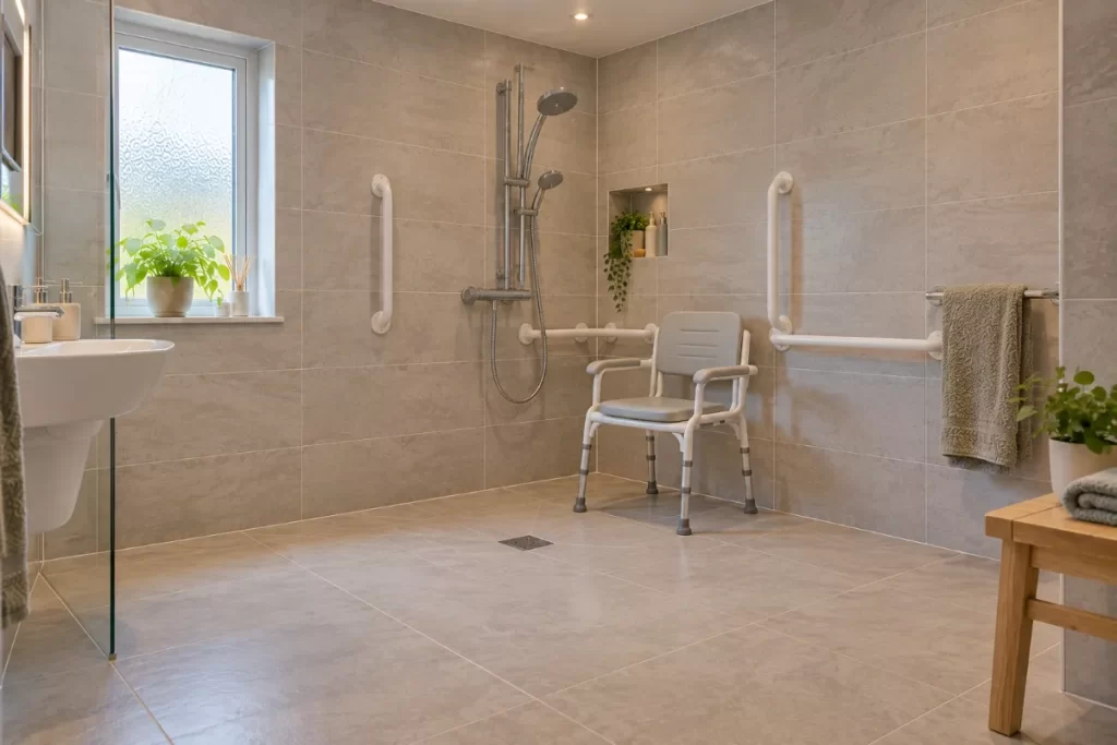 Spacious wet room layout with room for a carer to assist