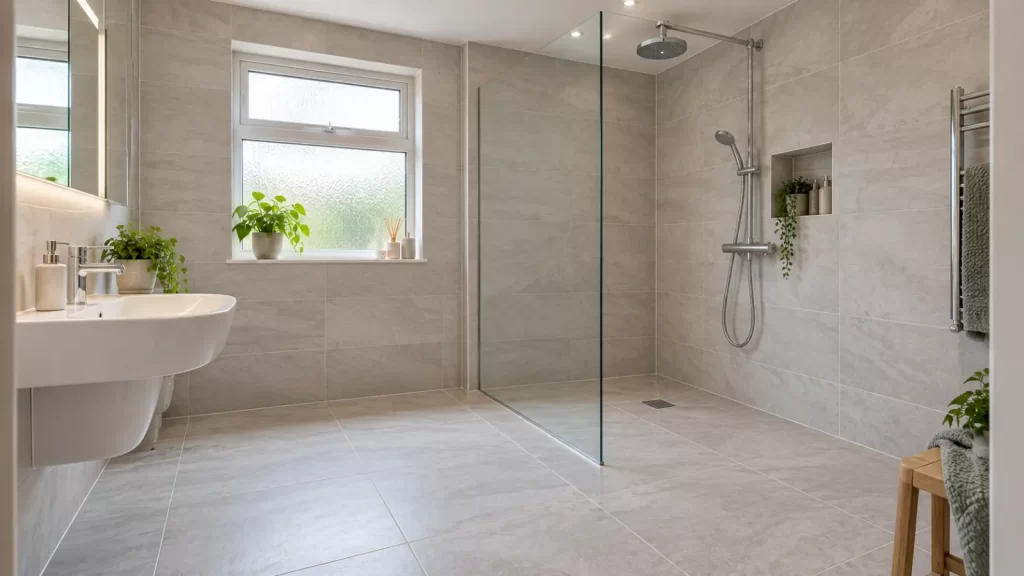 Fully tiled modern wet room with open shower area