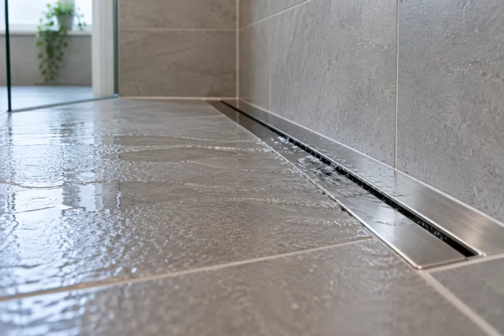 Sloped wet room floor draining into a linear drain
