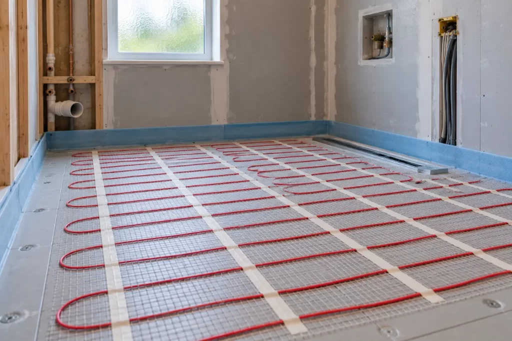 Underfloor heating mat laid before wet room tiling