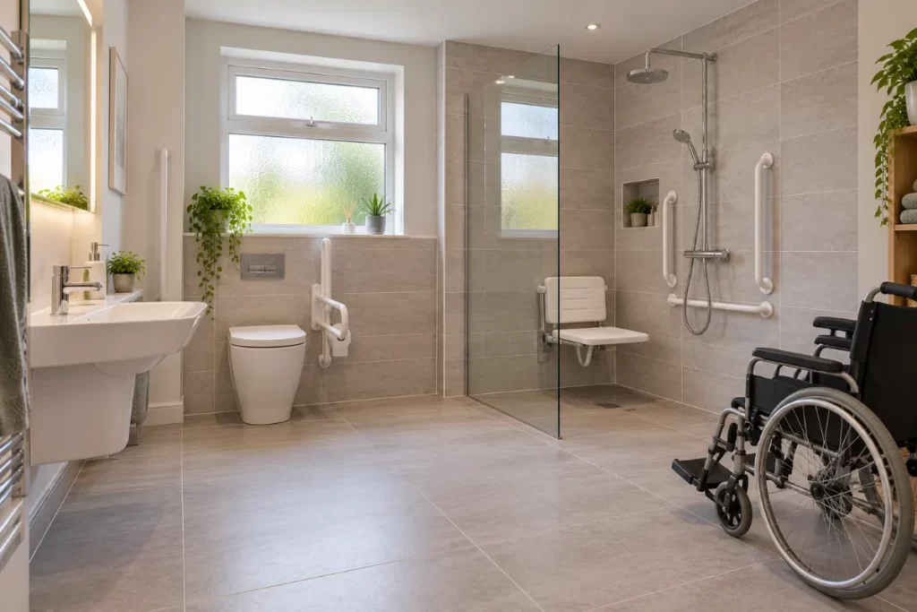 Wheelchair accessible wet room with fold-down seat and grab rails